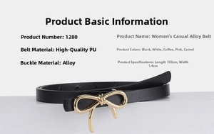 Detailed view of black PU leather belt with a gold bow buckle showing size 103x1.4cm