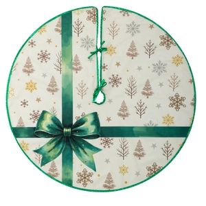 Christmas tree skirt with bow and snowflake prints, white fabric base with green ties