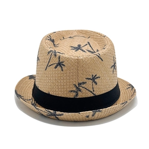 Men's straw trilby summer hat with navy coconut tree prints and black ribbon band