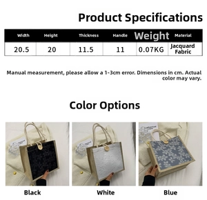 Detailed comparison of jacquard tote bags in black, white, and blue with size specs