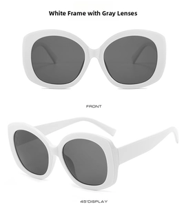 Detailed view of oval sunglasses with white frame and gray lenses from two angles