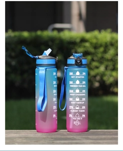 Detail of 1000ml sports water bottle with time markers and gradient blue-pink finish
