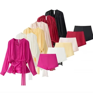 Women Long Sleeve Pleated Top And Shorts Elegant Chiffon Solid Color V Neck Tie Waist Ruffle Hem Chic Casual Clothing