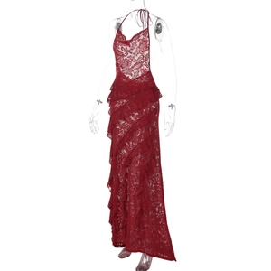 Detailed side view of dark red lace maxi dress featuring layered ruffles and halter neck design