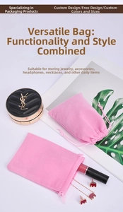 Pink velvet drawstring jewelry pouch set for accessory storage with soft fabric texture