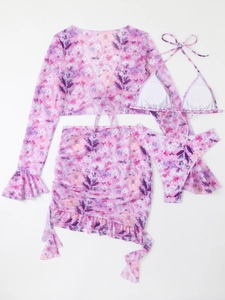 Detail of four-piece purple floral bikini set with mesh long sleeve top and mini skirt