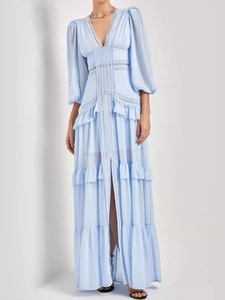 Elegantes V Ausschnitt Spitze Spitze Chiffon Maxi Kleid Laternenärmel Langarm Hohe Taille Gestuftes Rüschen Partykleid