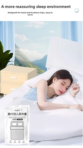 Macro detail of sterilized portable bedding set packaging for travel and hotel use
