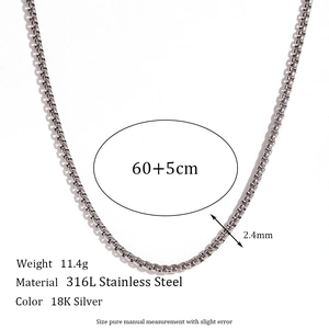Macro shot of 2.4mm silver 316L stainless steel box chain necklace with dimensions