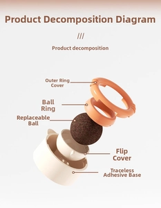 Exploded view of the rotatable catnip ball toy showing base, adhesive, and components