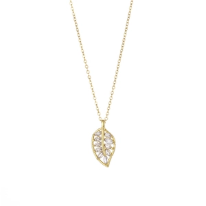 Elegant gold leaf necklace with sparkling marquise zircons on a white background