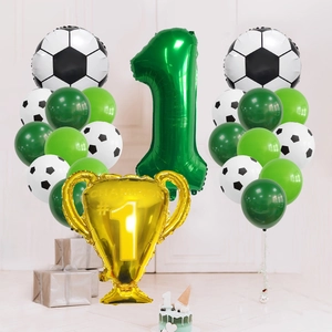 Soccer theme 1st birthday balloon set with green number one and gold champion trophy