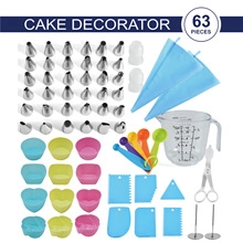Flat lay of 63 pieces cake decorating set including stainless nozzles and silicone bags