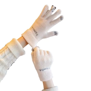Winter thermal knit gloves with panda embroidery and grey touchscreen finger tips for adults