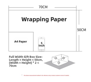 Detailed size guide for 70x50cm gift wrapping paper compared to A4 and mobile phone
