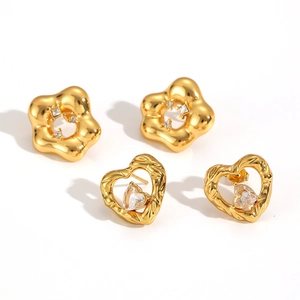 18k gold plated flower and heart zircon stud earrings in stainless steel for women