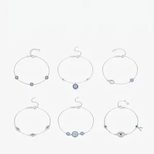 S925 Argento Sterling Bracciale Malocchio per Donna Intarsiato Blu Bianco Strass Catena Regolabile Gioielli di Moda Regalo
