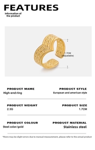 Detailed view of adjustable V-shape stainless steel ring with dimensions and 18K gold plating