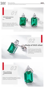 Detail view of emerald-cut green gemstone earrings in S925 silver with high-carbon diamonds