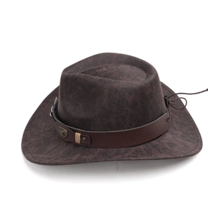 Detail of dark brown cowboy hat with metallic longhorn emblem and textured leather band