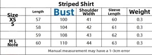 Detailed size chart for women casual striped shirt with chest and length measurements