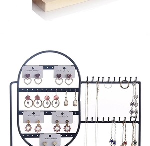 Detail view of black metal jewelry organizer for earrings, necklaces and bracelets