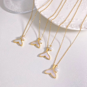 Gold stainless steel fishtail necklace with freshwater pearl and shell pendant for women