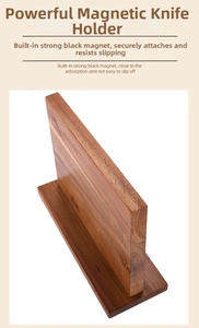 Close-up of T-shaped magnetic solid wood knife holder showing natural acacia grain