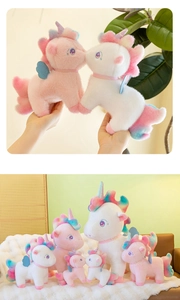 Detailed group shot of rainbow unicorn plush toys in multiple sizes on a cozy sofa