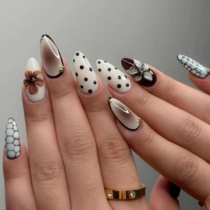 Brown Sugar Press On Nails With 3D Relief Flower Polka Dot Honeycomb Pattern Almond Shape Vintage Elegant Fake Nails