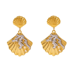 Elegant gold shell earrings with silver coral accents and pearls in a pair, white background