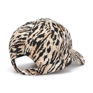 Detail of adjustable metal buckle and stitching on leopard print baseball cap