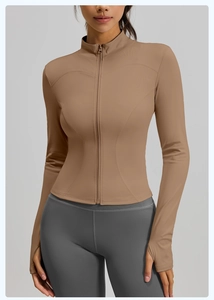 Slim fit peach yoga jacket in khaki with full zipper, stand collar and thumbhole sleeves