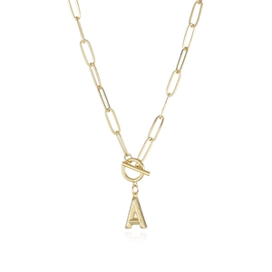 Close-up of gold paperclip chain necklace with letter A pendant and toggle clasp detail