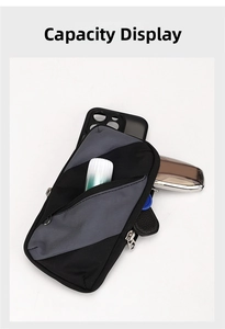 Detailed capacity display showing phone and keys inside the dual-zipper sports armband