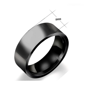 Minimalist 8mm wide black stainless steel ring with a polished mirror finish for couples