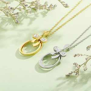 Elegant stainless steel bow pendant necklaces with rhinestones in gold and silver