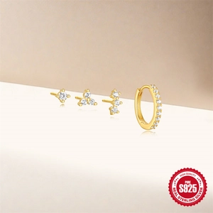 Set of four gold S925 sterling silver earrings with geometric cubic zirconia patterns