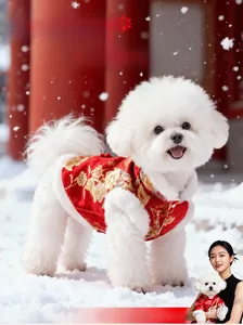 Detail of red pet vest with golden flower embroidery and white faux fur trim in snow