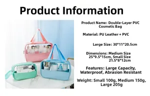 Three sizes of waterproof PVC makeup bags in pink, blue, and green colors