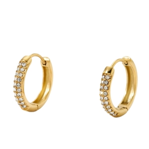 Classic gold round micro-paved crystal hoop earrings with a vintage polished finish