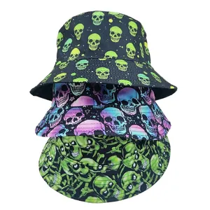 Three-piece Halloween bucket hat set featuring neon and colorful skull prints in durable canvas