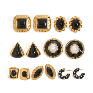 Set of 6 vintage gold and black enamel stud earrings with pearls and crystals