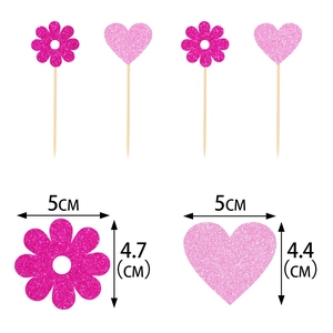 Glitter flower and heart cake toppers for Mother's Day with dimensions 5x4.7cm and 5x4.4cm