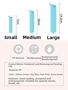 Detailed chart showing PP plastic food bag clips in three sizes and various candy colors