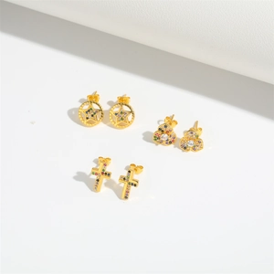 Three pairs of gold-plated cross star and heart stud earrings with colorful zircon stones