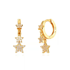 Elegant gold S925 silver star earrings with micro-set zircon stones in a triple star design