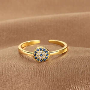 Gold-plated adjustable evil eye ring with sparkling blue and white cubic zirconia