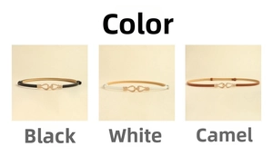 Minimalist leather belts for women in black, white, and camel with gold metal buckles