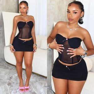 Ensemble Sexy Femme Top And Bottom Noir Haut Tube en Maille et Mini Jupe Moulante Avec Détail Nœud et Fleur Streetwear